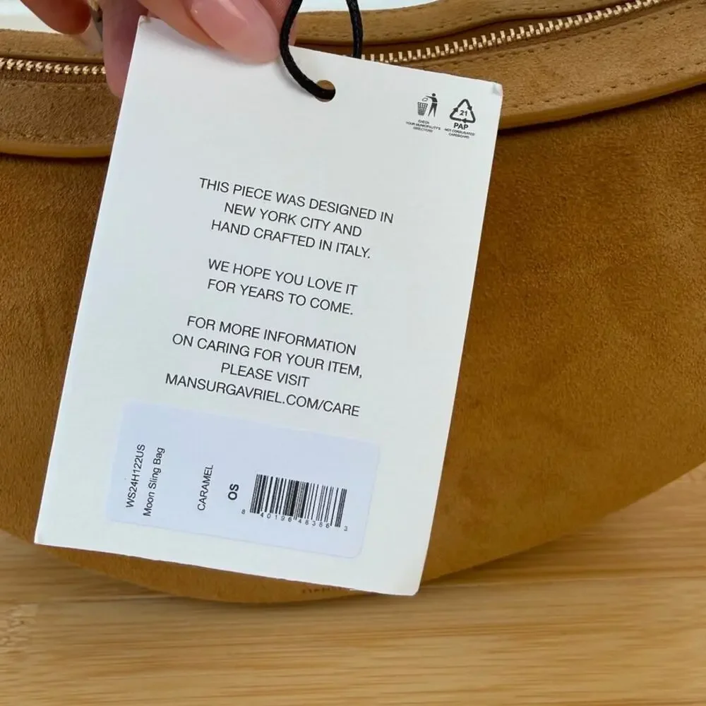 NWT Mansur Gavriel Moon Crossbody Sling Bag Caramel Suede Leather Crescent